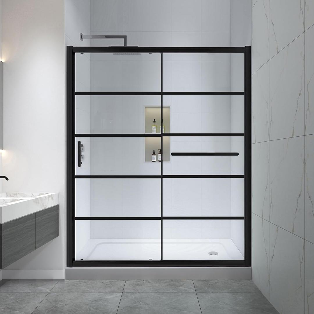 Black Grid Sliding Shower Door 55-60" W x 72" H, Matte Black, Single Sliding Door, Framed, 1/4" (6mm) SGCC Tempered Glass, Reversible Installation