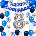 8th Birthday Decorations Blue for Boys, 8th Birthday Banner Balloon Blue Silver, Number 8 Birthday Star Foil Balloons Latex Confetti Balloons for Boys Him 8 Years Old Birthday Supplies(8th)
