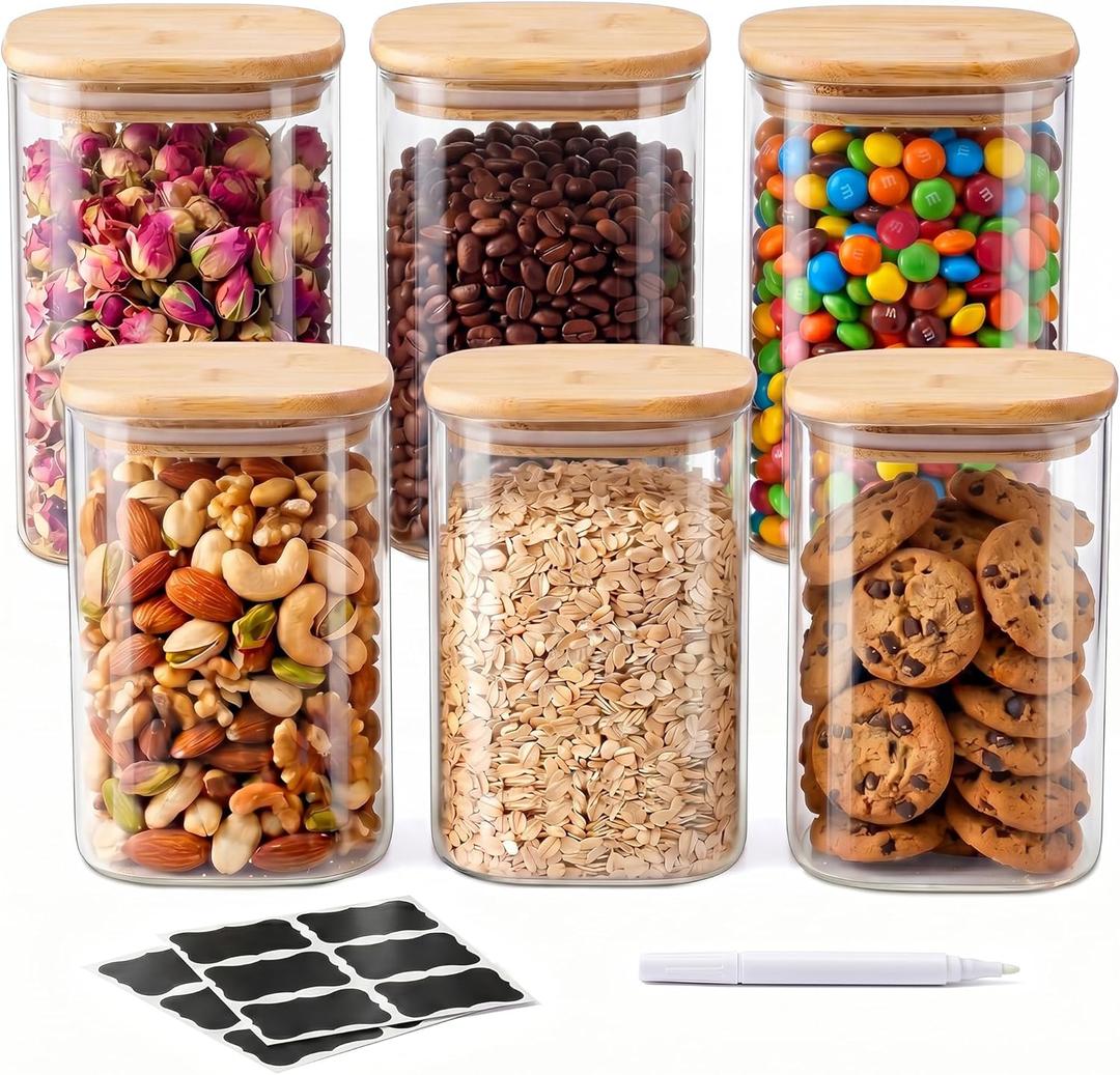 SENTVEND 37 Oz Glass Storage Jars with Bamboo Lids - 6 Pack Clear Glass Canisters Square Airtight Stackable Ideal for Pantry Storage Containers Organizers Great for Storing Oats Coffee Beans Nuts etc
