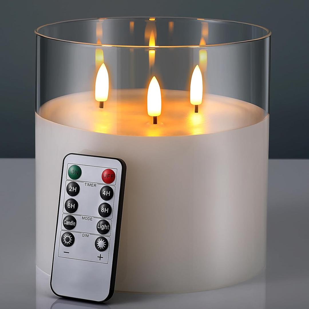 Retisee 1 Pcs 6'' x 6'' Extra Large Flameless Candles, 3 Wick Glass Large Candles with Remote Control and Timer Function, Real Wax LED Pillar Decor Flickering for Home Party Decor (Clear)