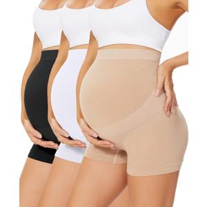 Womens Seamless Maternity Boyshort Underwear Over Bump, Pregnancy High Waisted Shapewear Panties for Support Belly (X-Large, Black+Nude+White)