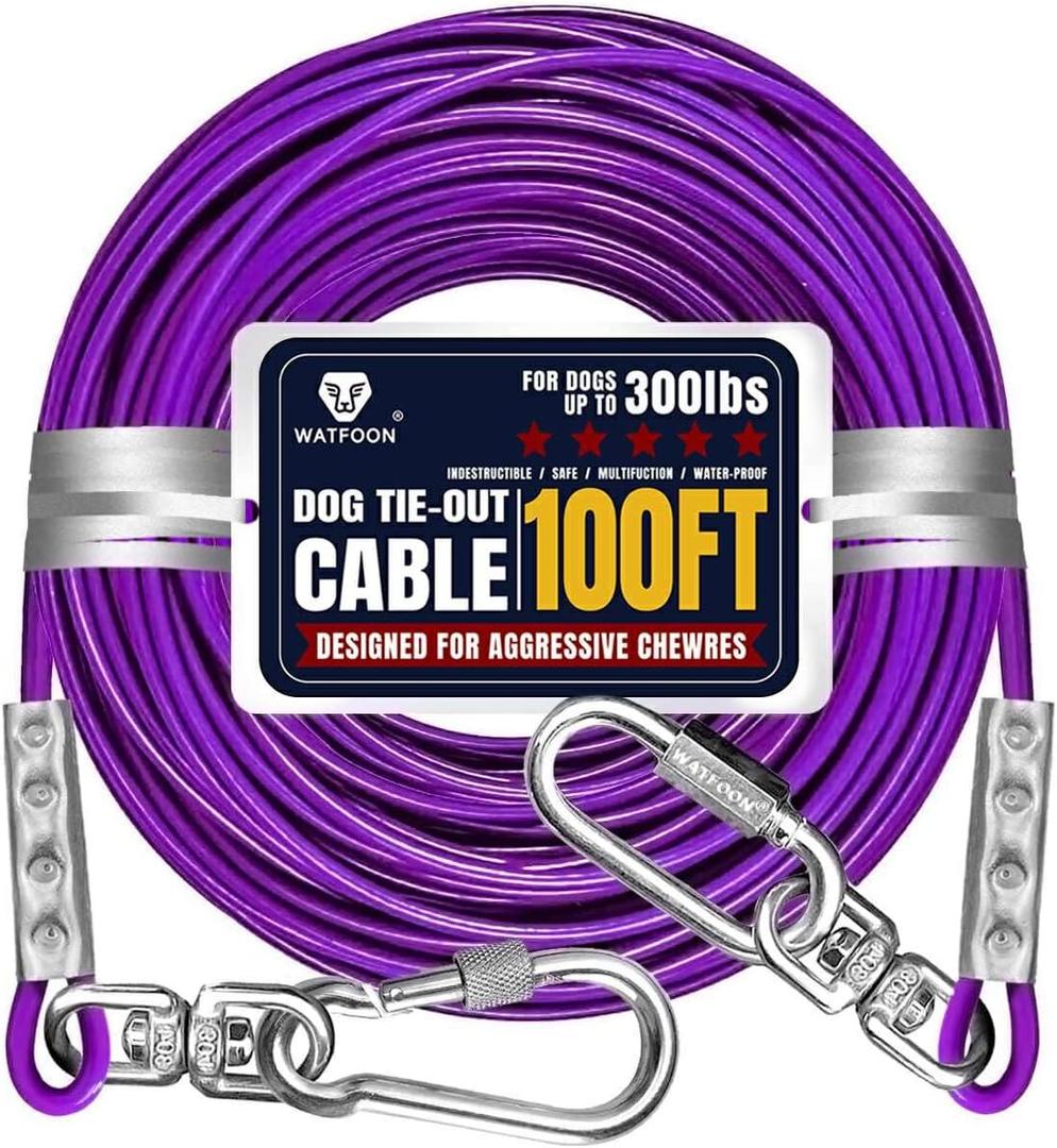 Tie Out Cable for Large Dog, 100ft Pet Runner for Yard, Heavy Duty Swivel Hooks Lead Holds Break Strength of 1000lbs, Steel Wire Dog Chain Leash Cable Yard, Camping(Purple)