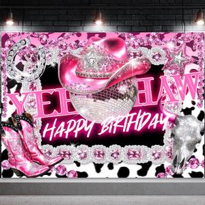 Omifly Western Cowgirl 7Wx5H Backdrop for Photography Birthday Cow Print Pink Boots Hat Diomand Bull Skull Retro Disco Ball Background Party Decorations Cake Table Banner Decor Photo Booth Studio Prop