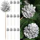 12 Pack Silver Christmas Glitter Pine Cones Picks for Christmas Tree 3.15 Inches Pinecone with Wired Stem Artificial Xmas Tree Ornaments Decorations for Garland Wreath DIY Craft