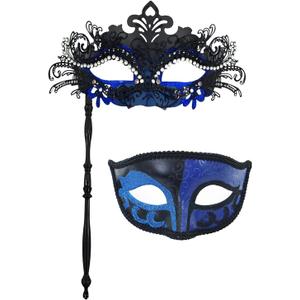 Couple Masquerade Masks with Stick 2psc Blue Mardi Gras Accessories Cosplay Mask for Venetian Decorative Masquerade Props Costume Ball