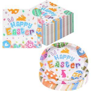 100Pcs Easter Party Supplies Bunny Oval Plates and Napkin Spring Bunny Egg Theme Decoration for Spring Easter Holiday Birthday Party Decor