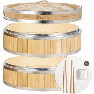 9.5-Inch Vertical Bamboo Steamer Basket, 2-Tier with Stainless Steel Rings | 50 Liners, Sauce Dish & 2-Chopsticks | Cooking Pot for Buns Dumplings Rice Vegetables Dim Sum