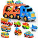 9 Pcs Cars Toys for 2 3 4 5 Years Old Toddlers, Big Carrier Truck with 8 Small Cartoon Pull Back Cars, Colorful Assorted Vehicles, Transport Truck with Sound and Light, Best Gift for Boy and Girl (Multicolor)