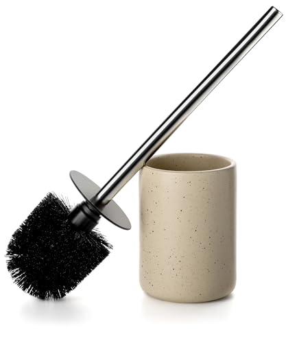 Ceramic Toilet Brush & Holder Set - Freestanding Deep-Cleaning Toilet Bowl Cleaner Brush, Stainless Steel Handle, Small & Sturdy for Storage, Easy to Clean, Non-Scratching