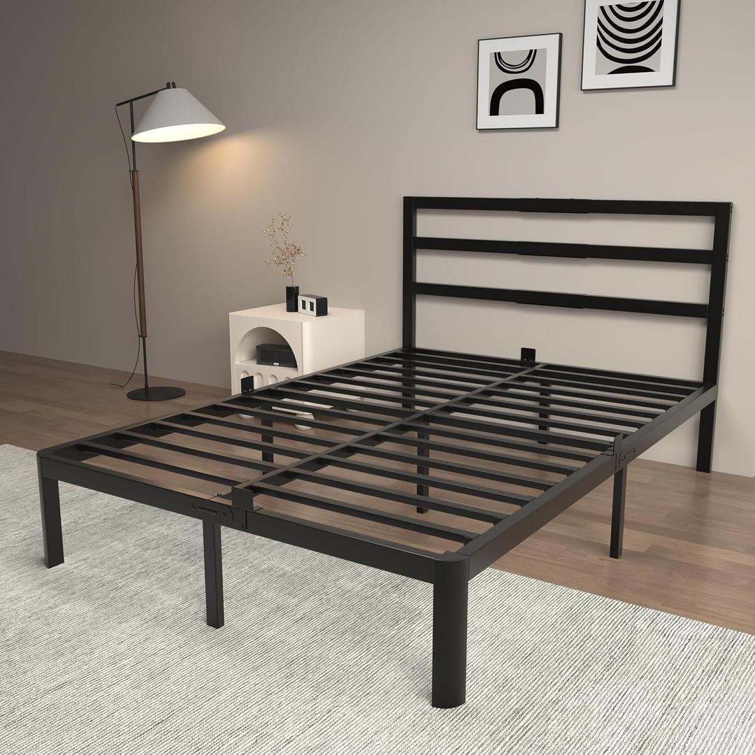 14 Inch Full Bed Frames, Metal Bed Frame with Head Board, No Box Spring Needed, Heavy Duty Steel, Anti-Slip Mattress Stoppers, Noise Free, Round Corner Legs, Easy Assembly, Black