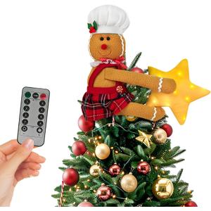 Our Warm Gingerbread Christmas Tree Topper Star Lighted, Plush Stuffed Tree Toppers Christmas Decorations Indoor, Christmas Star Tree Topper with Lights for Bottle Curtain Christmas Tree Decor