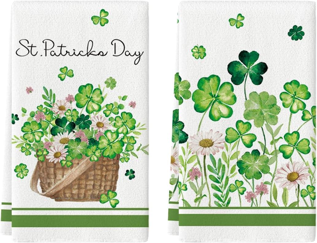Artoid Mode Flower Basket Clover Shamrock St.Patrick's Day Kitchen Dish Towels, 18x26 Inch Farmhouse Holiday Decoration Spring Cleaning Set of 2