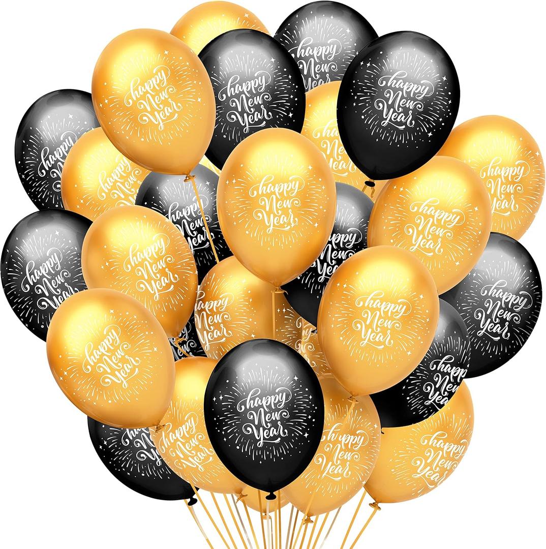 KatchOn, Black and Gold New Year Balloons 2026 - Pack of 50 | Happy New Year Latex Balloons | Gold Black Nye Party Latex Balloon for Nye Party Decorations | New Year's Eve Party Decorations