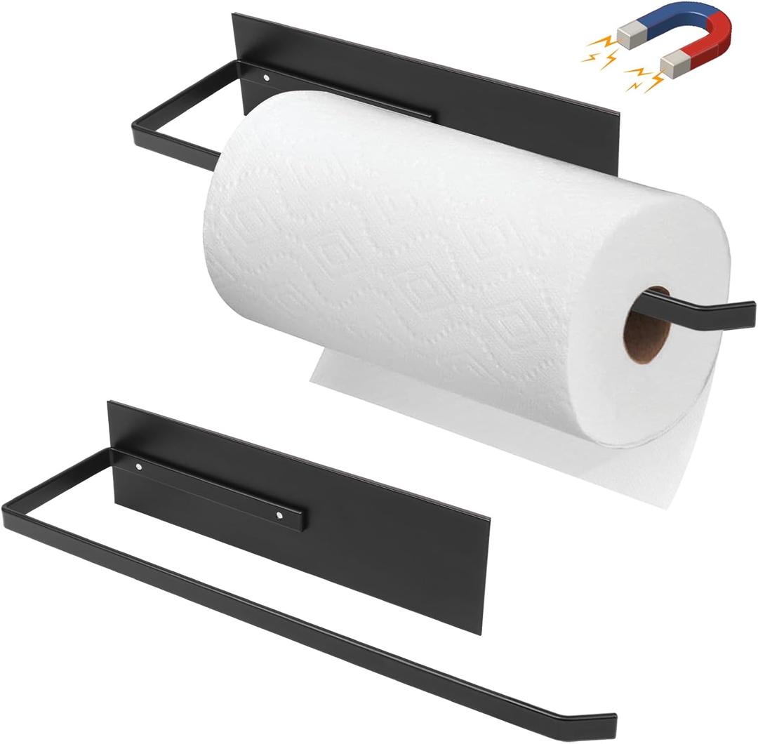 Magnetic Paper Towel Holder, Toilet Paper Roll Holder Magnetic Towel Rack Wall Mount Fridge Organizer for Paper Towels Rolls Bathroom Toilet Pantry RV Kitchen Organizers and Storage 2 Pack (Black)