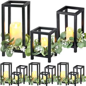 Geelin 12 Set Wooden Wedding Lantern Centerpiece Decor Baptism Lantern Candle Holder for Table Centerpiece Wedding Party Baby Shower Home Country Porch Patio Decor(7.87'', 10.59'', 12.99'', Black)