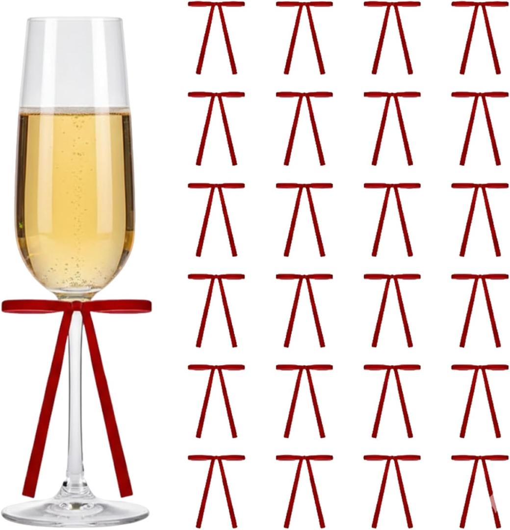 24 Pcs Valentine's Day Bows Decorations, Bows for Wine Glass Candle Holder, Red Velvet Valentines Day Ornaments for Valentine's Day Wedding Holiday Mother's Day