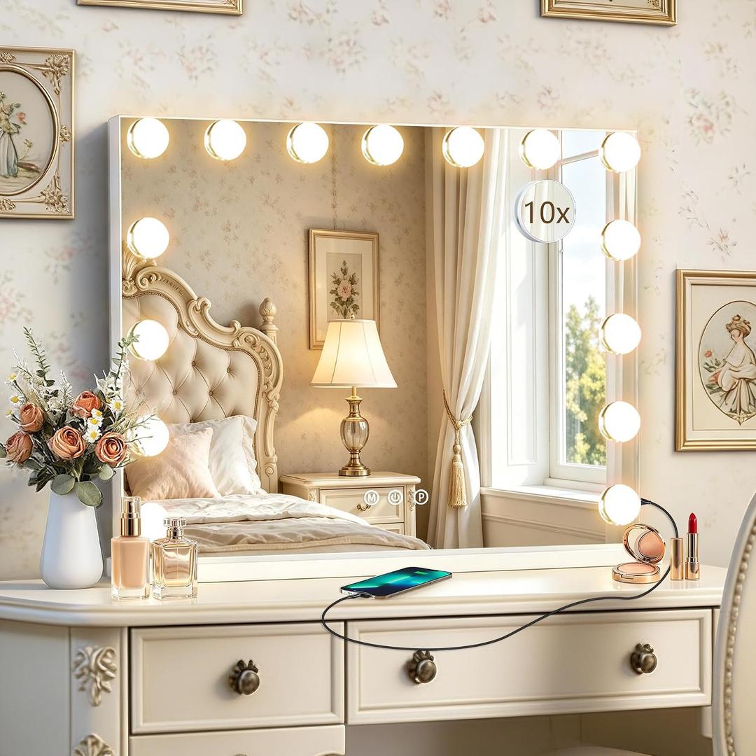 Hollywood Vanity Mirror with Lights, 23" x 18", 15 Dimmable Bulbs, 3 Color Lights, Make Up Lighted Mirror, USB Charging Port, Gifts for Women Wife Teengirls White