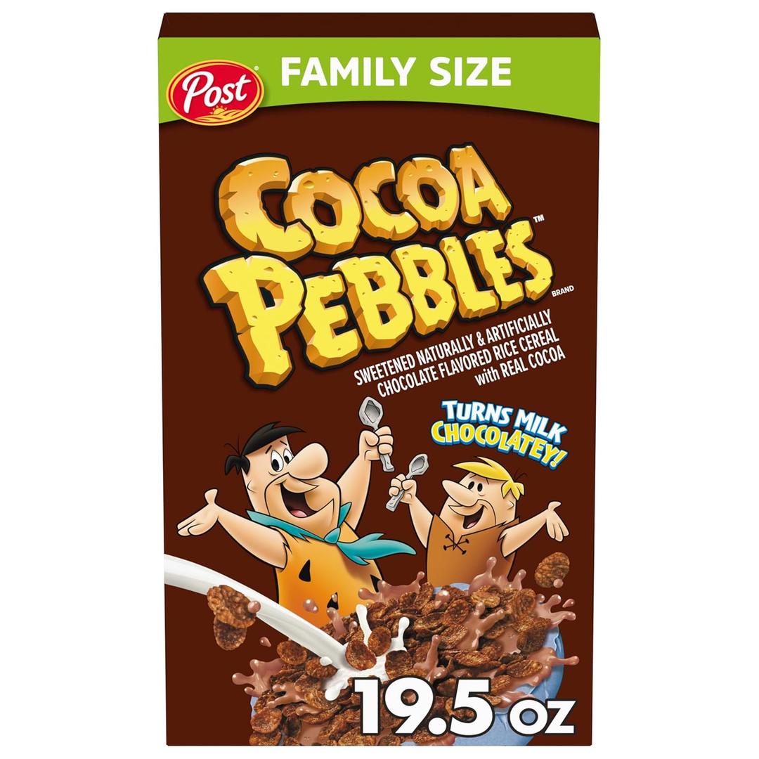 Cocoa PEBBLES Cereal, Chocolatey Kids Crunch, Gluten Free Sweetened Rice Crunch, 19.5 oz Family Size Cereal Box (EXP 06/08/26)