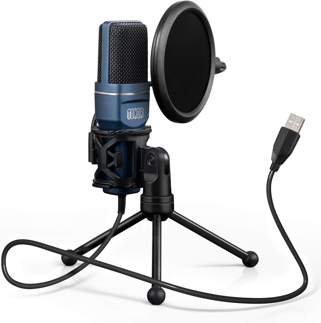 TONOR TC-777 Podcast Microphone, USB Computer Microphone, Cardioid Condenser PC Mic with Tripod Stand and Pop Filter for Podcasting, Streaming, Vocal Recording, Compatible with PC & Laptop, PS4/5