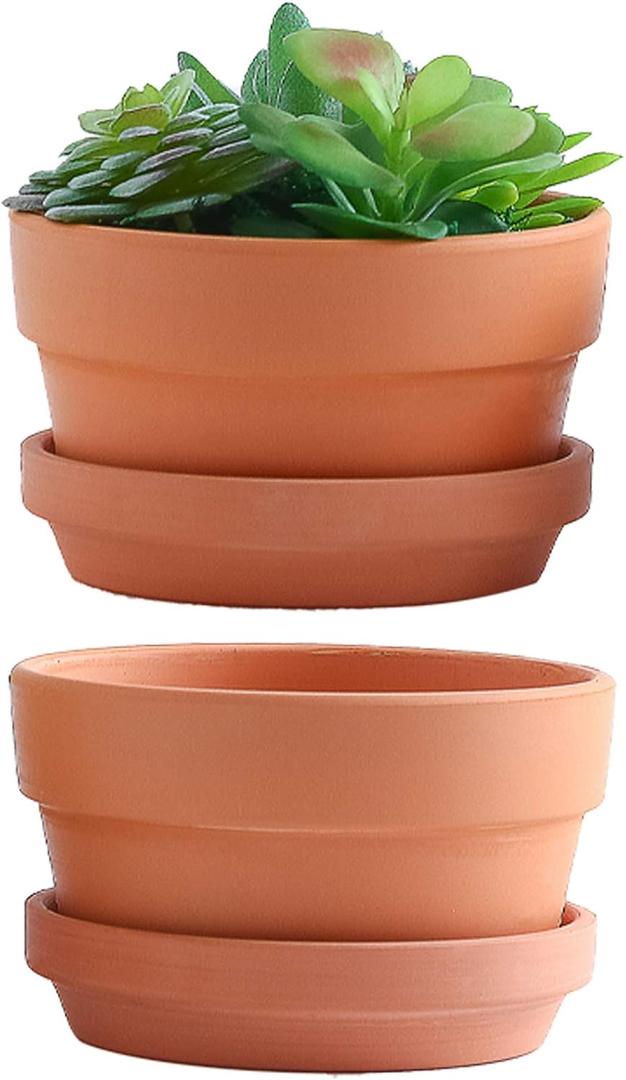 Yishang 7 Inch Terracotta Shallow Planters with Saucer/Tray,Ceramic Flower Clay Plant Pots with Drainage Hole,Unglazed Cactus/succlent Plant Containers Indoor Garden Bonsai Pots