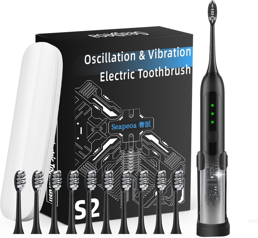 Seapeoa Adult Sonic Electric Toothbrush with 10 Brush Heads, Travel Case, and Wall Bracket, Suitable for Both Adults and Kids, IPX8 Waterproof, USB Charging, 42000VPM, Black