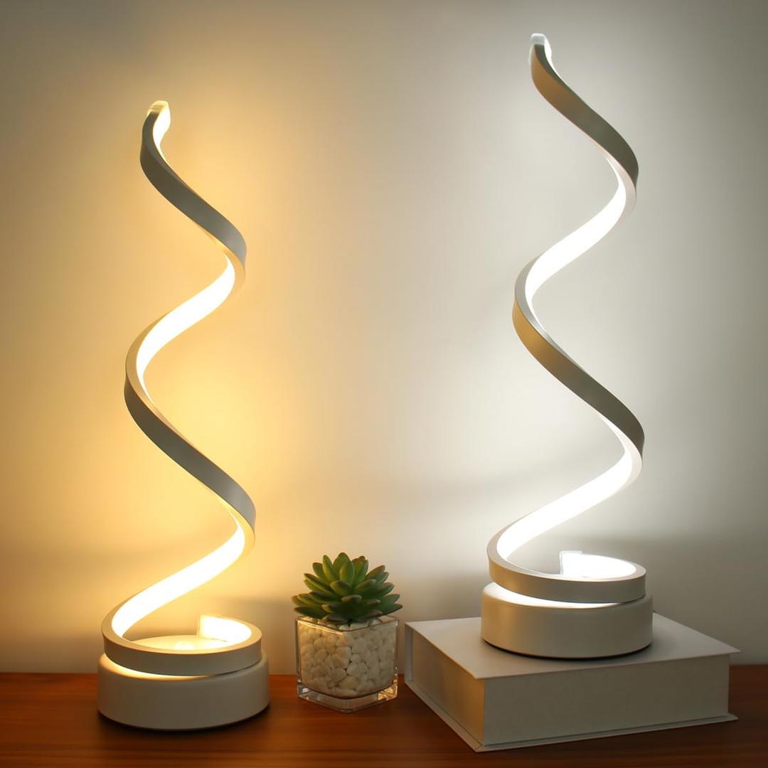 Modern Table Lamps Set of 2, Dimmable Spiral Table Lamps for Night Stand, 12W LED Desk Lamp 3 Color 10 Brightness Level Bedside Lamps Desk Light Office Lamp for Bedroom, Living Room (White)