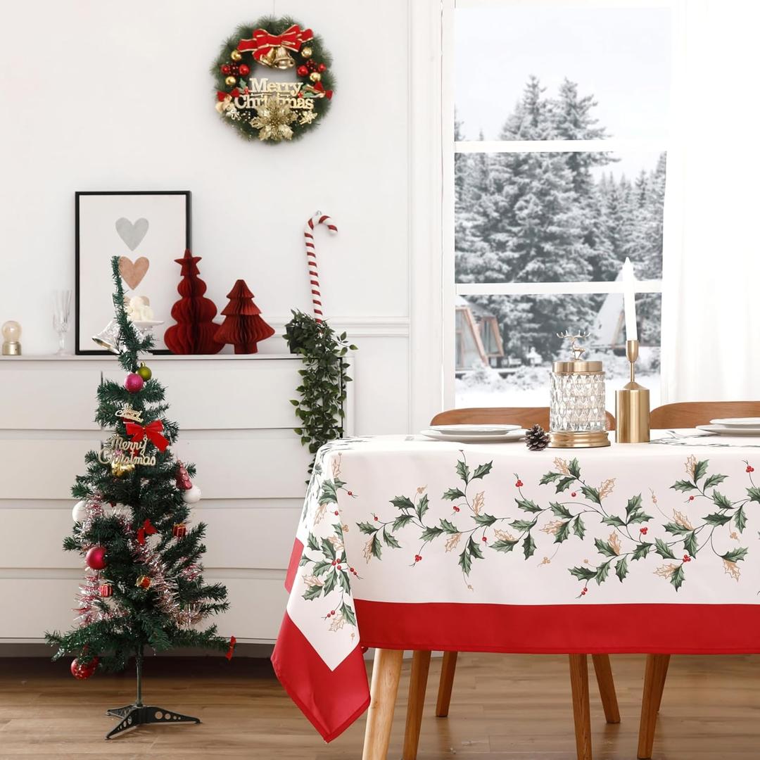 Wewoch Christmas Tablecloth 60"x120" Water Resistant Polyester Table Cloth with Leaf Print Ideal for Indoor Dining Holiday Décor
