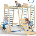 BlueWood Upgraded Indoor Jungle Gym 9-in-1 Playground Kids Climbing Toys, Waldorf Style Wooden Climber Playset with Slide, Swing, Monkey Bars, Upright/Rope Ladder, Climb Net, Blue, Large