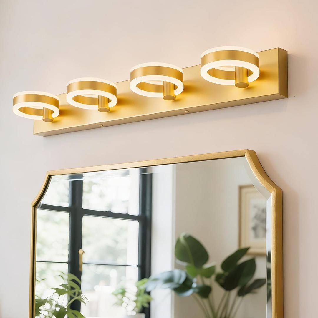 LED Bathroom Light Fixtures, 33inch Gold Vanity Lights, Modern 4 Light Acrylic Wall Sconces, 350 Rotatable Wall Lighting Fixture Over Mirror