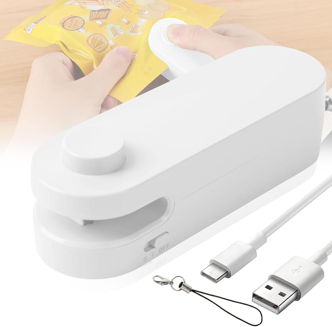 2 in 1 Bag Cutter and Sealer, Mini Bag Sealer with Cutter, USB Rechargeable Bag Sealer, Portable Bag Resealer for Plastic Bags Snacks & Food Storage (White)