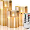 Gold Glass Flameless Candles Flickering with Remote, Timer, Battery Operated Moving Wick Realistic Warm Light Real Wax LED Candles for Party, Wedding, Festival Tabletop Decoration - Set of 3