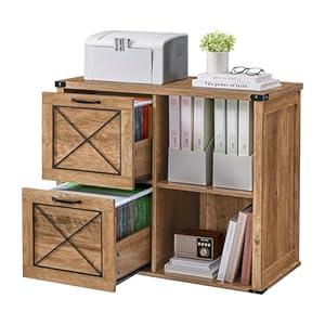 VASAGLE Lateral File Cabinet, Filing Cabinet with 2 Drawers, Printer Stand, 2 Open Compartments, Fit A4, Letter Size, Hanging File Folders, for Home Office, Farmhouse Style, Honey Brown UOFC049T41