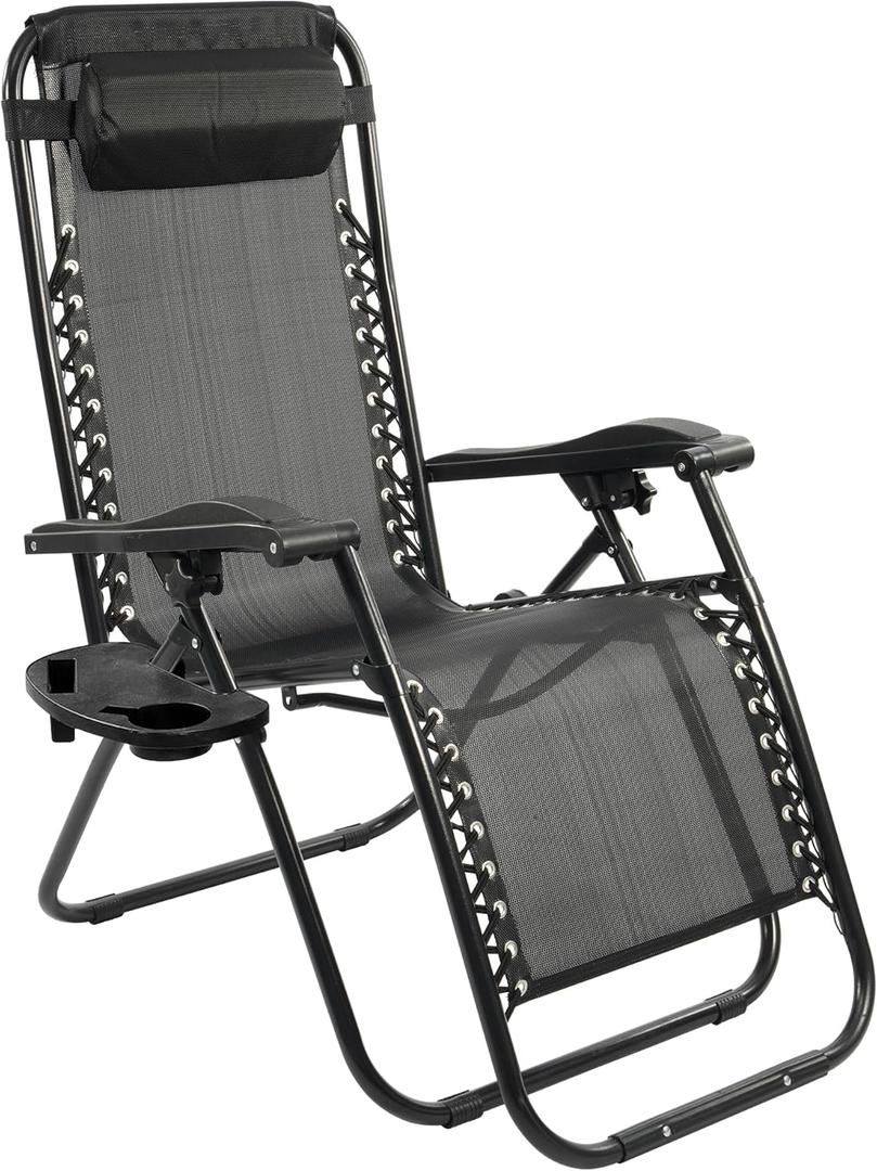 Zero Gravity Chair with Cup Holder & Removable Pillow, Adjustable Reclining Outdoor Patio Folding Chairs for Adults Portable Lounge Chair Furniture for Poolside, Lawn, Beach, Camping, Black