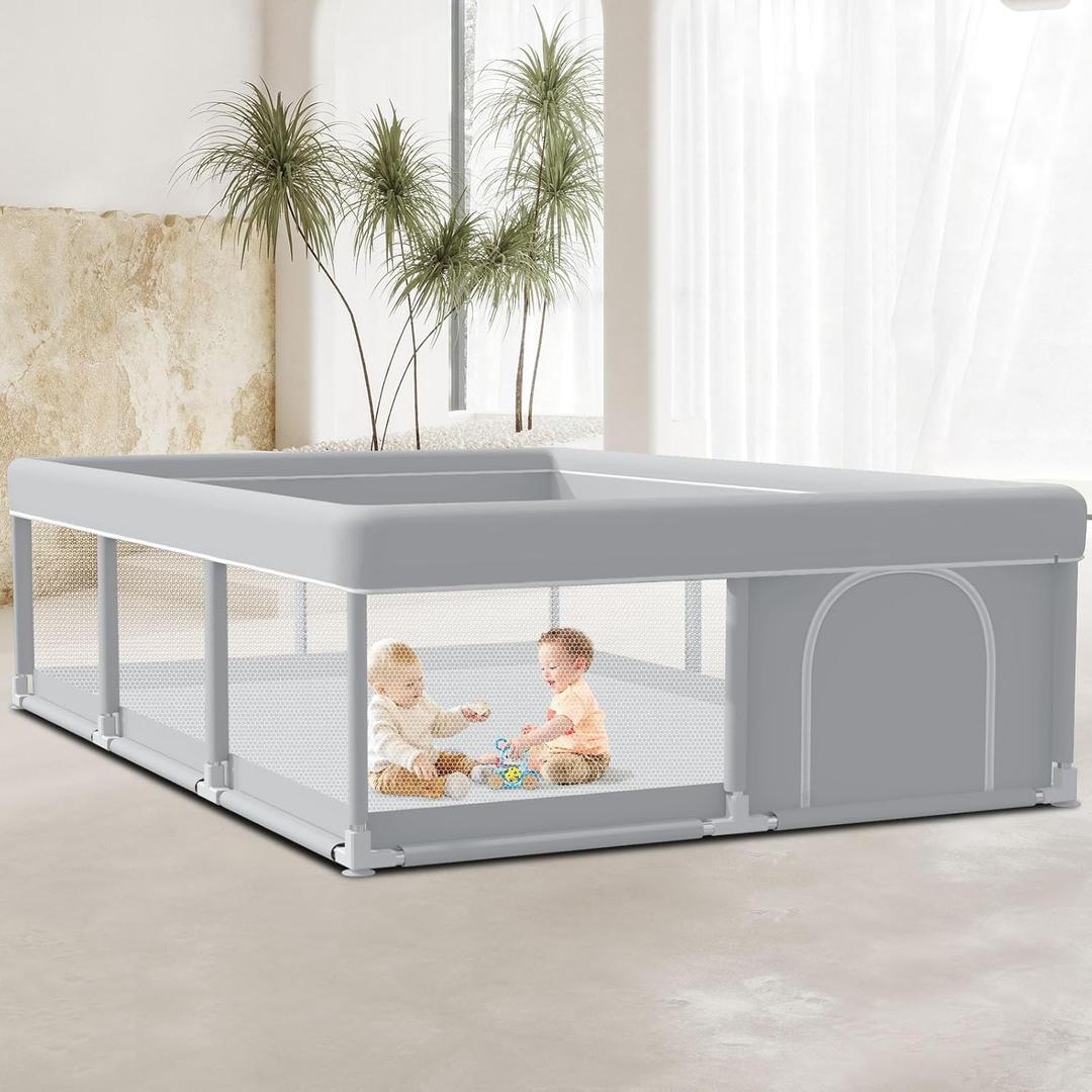 Baby Playpen 74x50 Inch Large Playpen for Babies and Toddlers Baby Fence Baby Play Yards for Indoor & Outdoor with Breathable Mesh Anti-Fall Playpen (74IN*50IN, Grey)