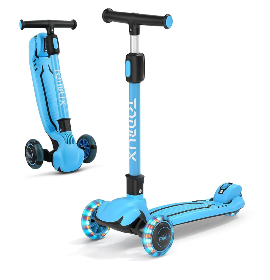 TONBUX Kids Scooter, Light Up 3 Wheel Kick Scooters for Kids 3-12, Folding Scooters with Adjustable Height - Toddler Scooter Lean-to-Steer & Widen Anti-Slip Deck, Blue