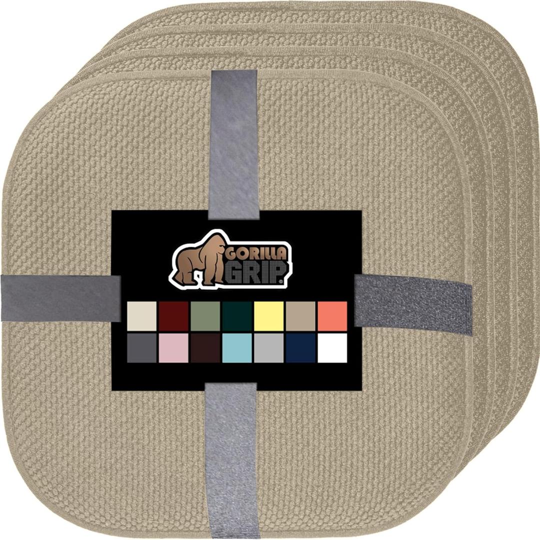GORILLA GRIP Slip Resistant Chair Cushions, No Ties Required, Memory Foam Pads for Dining Room, Kitchen Table, Office, Rocking Chairs, Plush Seat Cover Cushion Pad, Home Decor, Set of 4 16x16, Beige