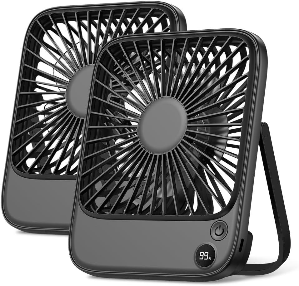 TOPK 2 Pack 5000mAh Portable Desk Fan, Ultra-thin Strong Wind Digital Display 4 Speeds Adjustable Small Quiet Battery Powered Personal Travel Fan for Bedroom, Office, Cruise, Library, Outdoor Black