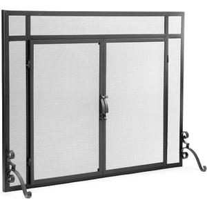 Plow & Hearth Metal Fireplace Screen Mesh Black | 44" W x 33" H | Dual Magnetic Hinged Doors | Spark Guard Cover | Stand Alone Wrought Iron Panel Fire Place Cover