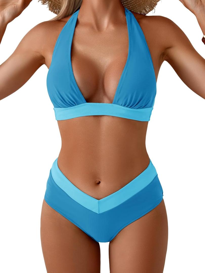 B2prity Women Halter Bikini Sets Sexy Deep V Neck Two Piece Swimsuits Color Block Bottom (Blue, L)