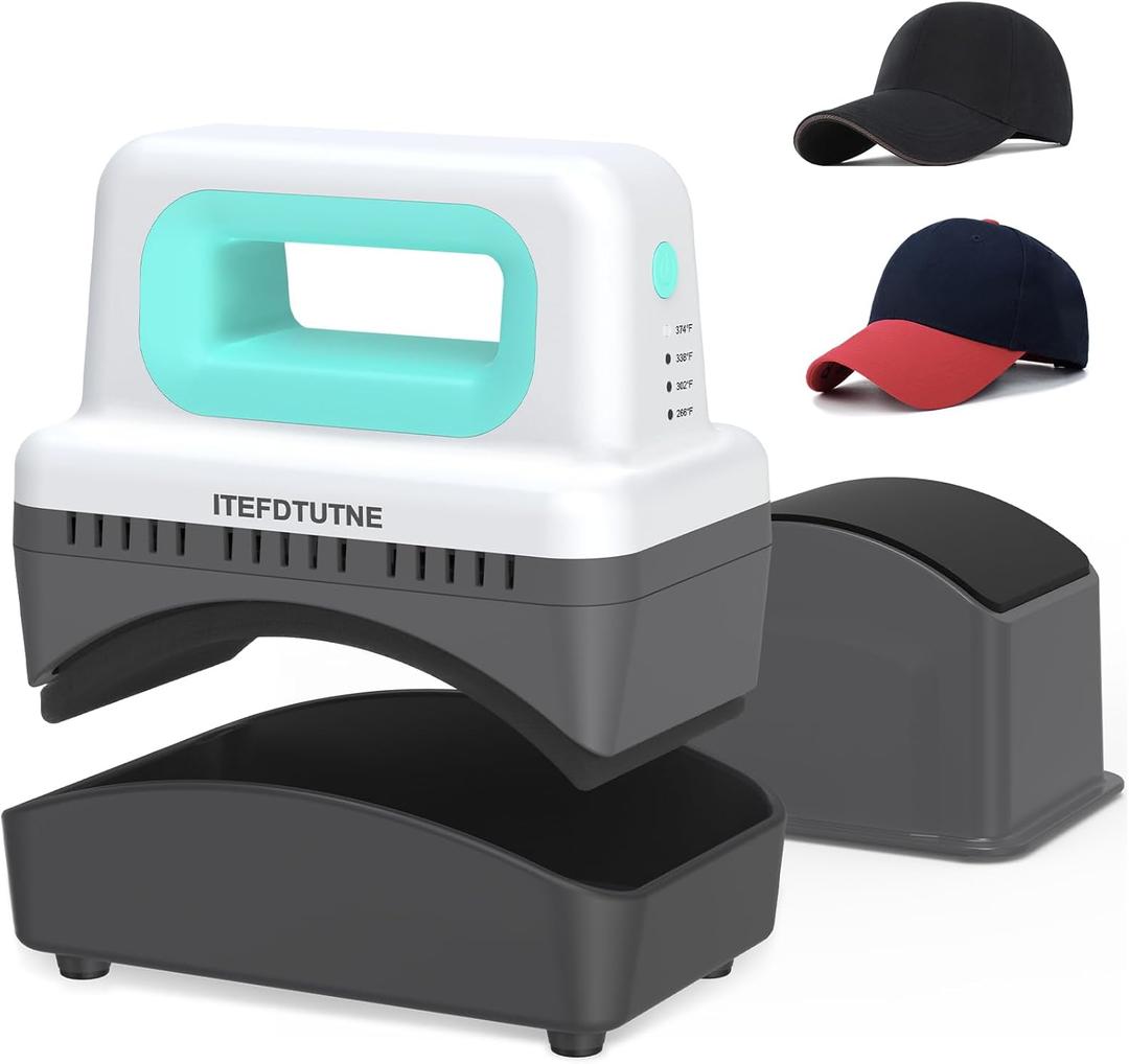 ITEFDTUTNE Hat Press Machine, Mini Hat Heat Press Machine with 4 Heating Levels & Auto-Off, Handheld Cap Easy Press with 3.5"5.5" Curved Heat Plate, 2 Press Platens, A Safety Base, Green