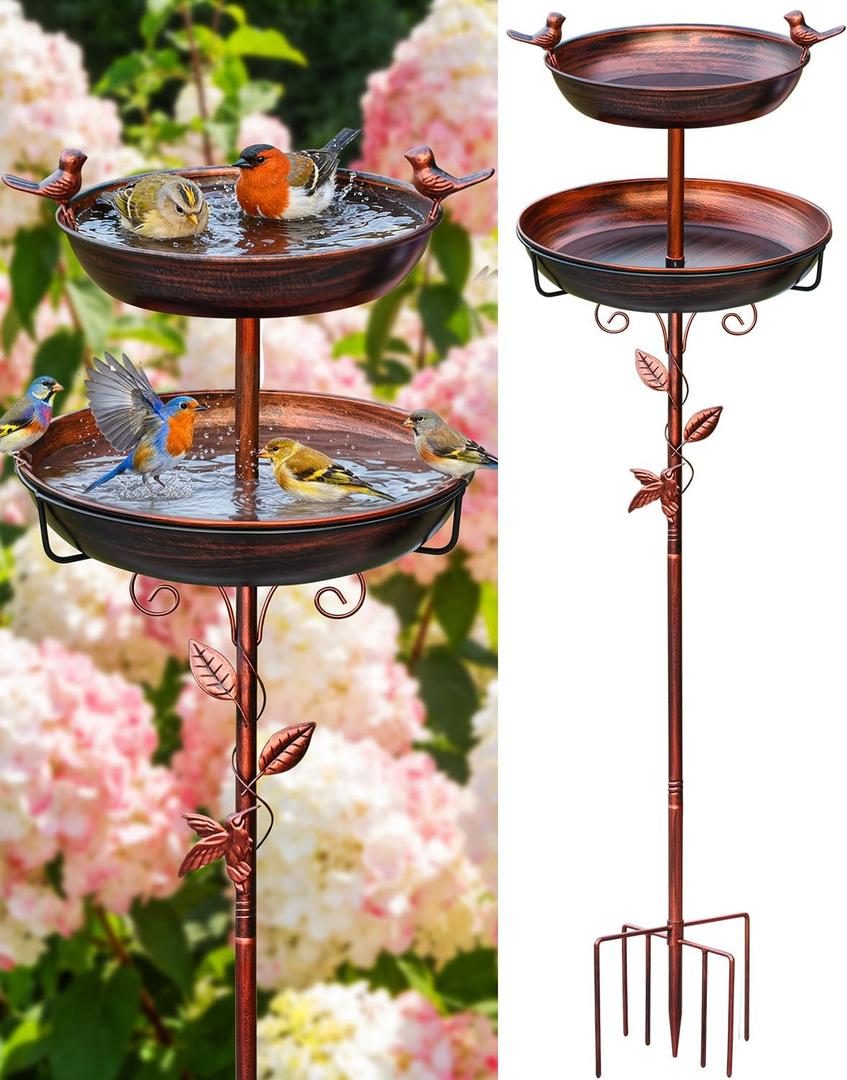 Metal Bird Bath for Outside - Outdoor Garden Decor Birdbath 2-Tier Water Bowl with Copper Finish Stake Adjustable Height 45'' Tall for Yard