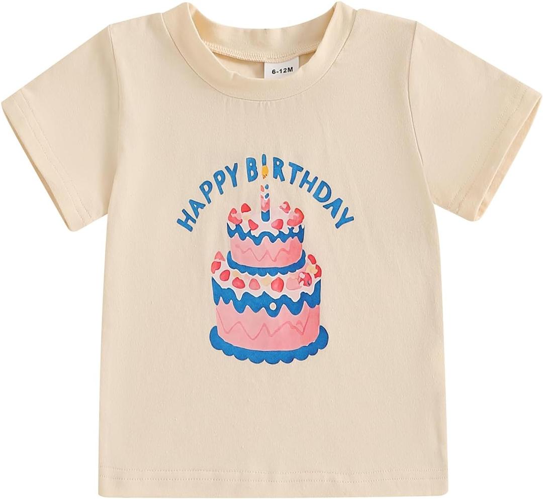 Happy Birthday Girl Boy T-Shirt One/Two/Three/Four/Five/Six Year Old Tee Shirt Toddler Cake Smash Outfit for Kids (Beige)