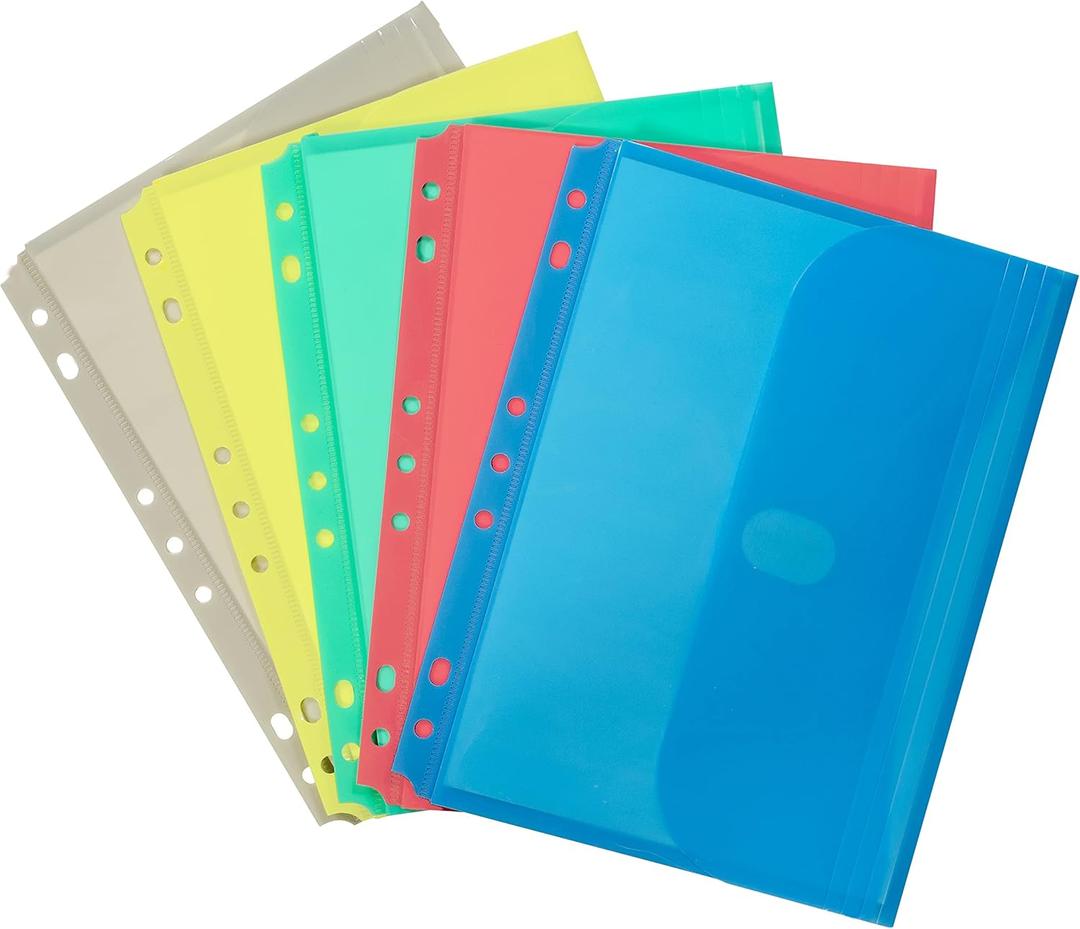 C-Line Super Heavyweight Poly Mini Size Binder Pocket, 5.5 x 8.5 inches, 7-Hole Punched, Set of 3 Pockets, Color May Vary (08730)