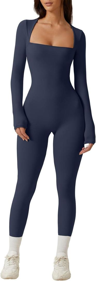 QINSEN Womens Sexy Square Neck Long Sleeve Full Length Leggings Bodycon Stretch Jumpsuit (Small, Navy Blue)