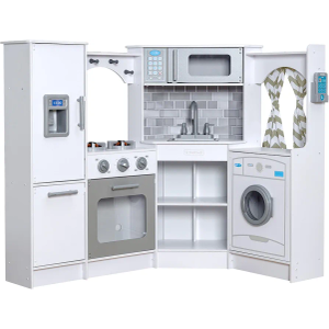 KidKraft Ultimate Corner Wooden Play Kitchen with Lights & Sounds, Play Phone and Curtains, White