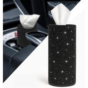 Bling Car Tissue Holder for Cup Holder  Sparkly Rhinestone Round Tissue Dispenser with 1 Pack Tissues  Fits Standard Auto Cup Holders  Stylish Car Interior Accessory for Women(Black)