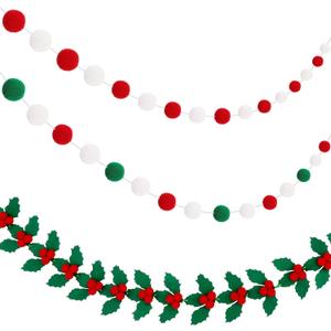 Tatuo 3 Pcs Christmas Felt Ball Garland Colorful Pom Pom Garlands Red Green and White Decorative Holly and Berries Hanging Felt Banners for Christmas Xmas Holiday Decor