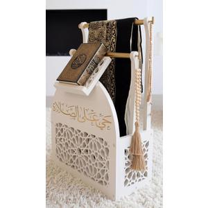 Prayer Mat Holder & Quran Stand – Islamic Storage Organizer for Prayer Rug, Tasbih, Prayer Beads & Quran – Muslim Prayer Corner Decor – Ramadan & Eid Gift (Antique White)