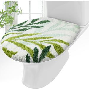 Green Leaves Bathroom Toilet Lid Cover Soft Microfiber 17.5'' x 15'' Plush Solid Tufted Toilet Seat Machine Washable Adjustable Rubber Backing Cover Fits Most Round, Elongated and Oblong Lids