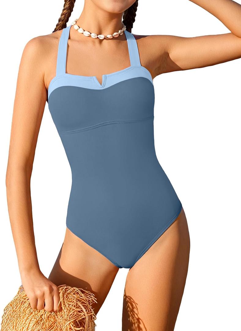 Shallmu Girls One Piece Swimsuits Color Block Dual Crossback Straps with Cover Up Skirt Girl's Swimwear 9-16Y (11-12 Years, Blue)